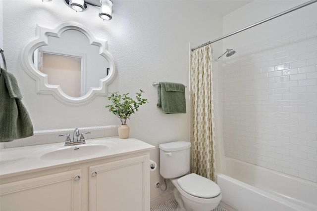 full bath featuring toilet, shower / tub combo, and vanity