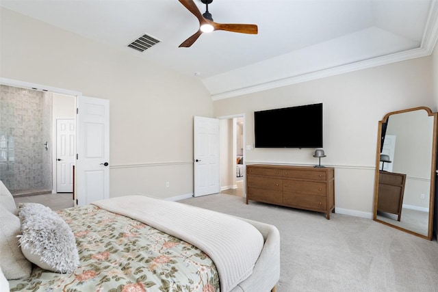 bedroom featuring baseboards, visible vents, light colored carpet, ceiling fan, and vaulted ceiling