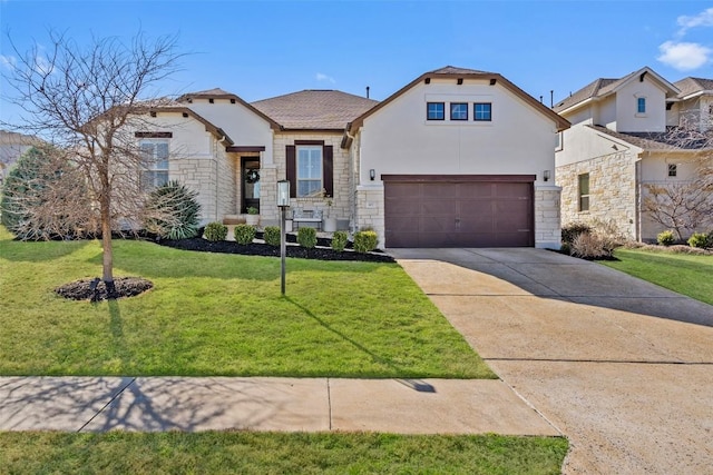 view of front of home featuring stone siding, driveway, a front lawn, and stucco siding