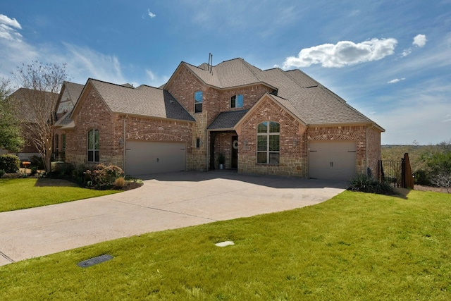 traditional-style home featuring a garage, a front lawn, concrete driveway, and brick siding