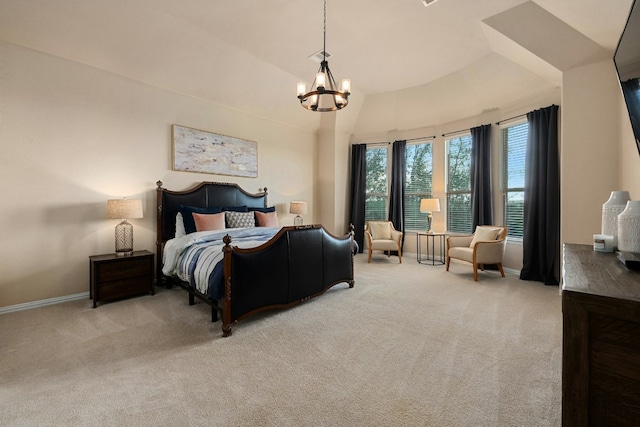 carpeted bedroom with a chandelier, vaulted ceiling, and baseboards