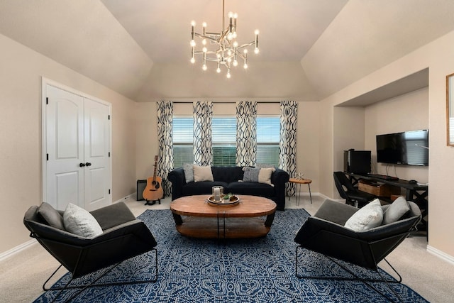 carpeted living area with a raised ceiling, vaulted ceiling, baseboards, and an inviting chandelier