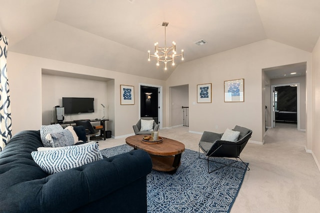 living room featuring baseboards, visible vents, light colored carpet, lofted ceiling, and a notable chandelier