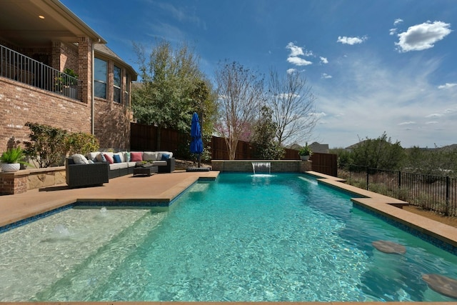 view of pool featuring a patio area, a fenced backyard, an outdoor living space, and a fenced in pool