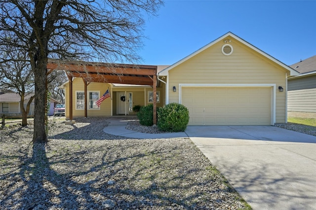 ranch-style home featuring a garage and concrete driveway