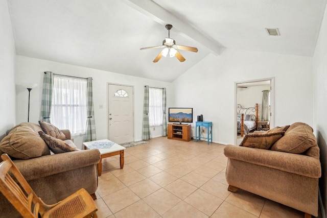 living area with lofted ceiling with beams, light tile patterned floors, ceiling fan, and visible vents