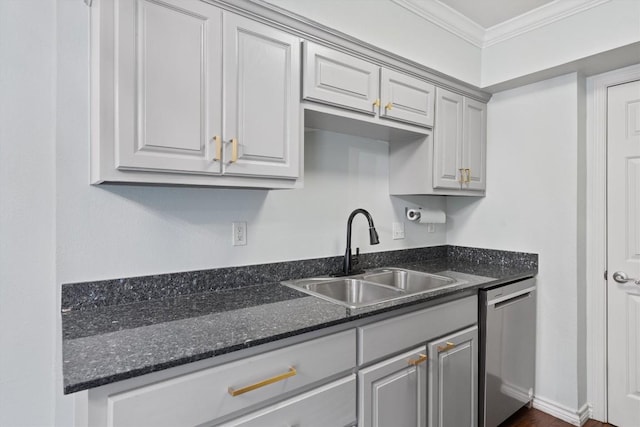 kitchen with dishwasher, ornamental molding, a sink, and gray cabinetry