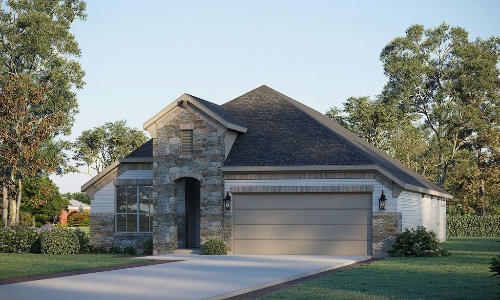 view of front facade with a garage, stone siding, and driveway