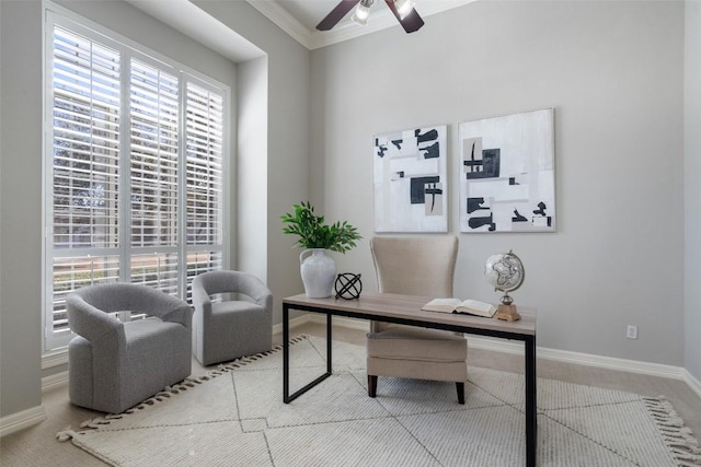 30302 Berry Creek Dr, Georgetown, TX 78628 - carpeted office with crown molding, a healthy amount of sunlight, a ceiling fan, and baseboards