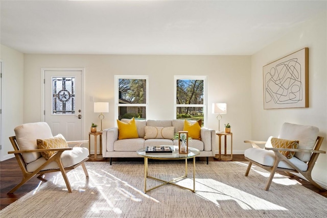 living area with baseboards and wood finished floors