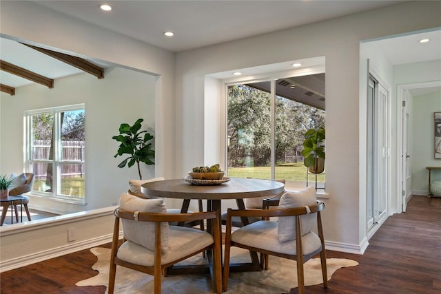 dining area featuring baseboards, beamed ceiling, wood finished floors, and recessed lighting