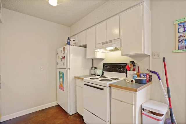 kitchen featuring white appliances, baseboards, white cabinets, a textured ceiling, and under cabinet range hood