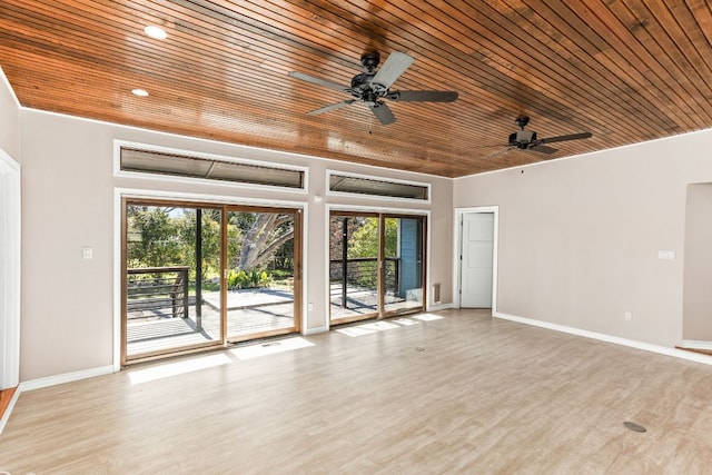 interior space featuring ceiling fan, wood finished floors, wood ceiling, and baseboards