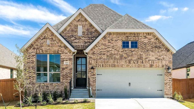 view of front facade with brick siding, an attached garage, driveway, and fence