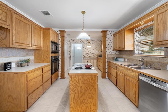 kitchen featuring wallpapered walls, visible vents, a center island, black appliances, and a sink