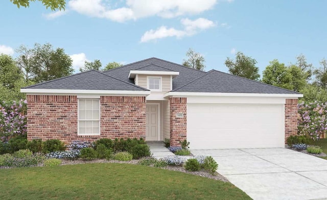 view of front of home featuring brick siding, roof with shingles, concrete driveway, a garage, and a front lawn