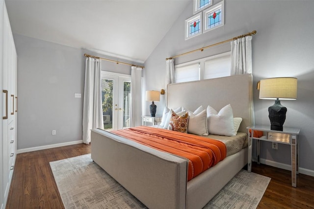 bedroom featuring high vaulted ceiling, wood finished floors, baseboards, access to outside, and french doors