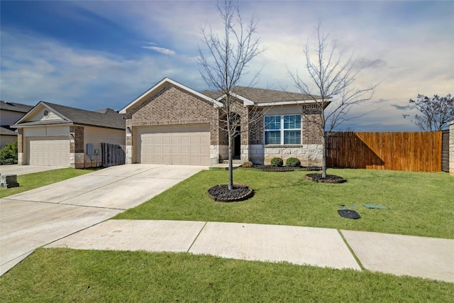 ranch-style home with brick siding, concrete driveway, an attached garage, a front yard, and fence