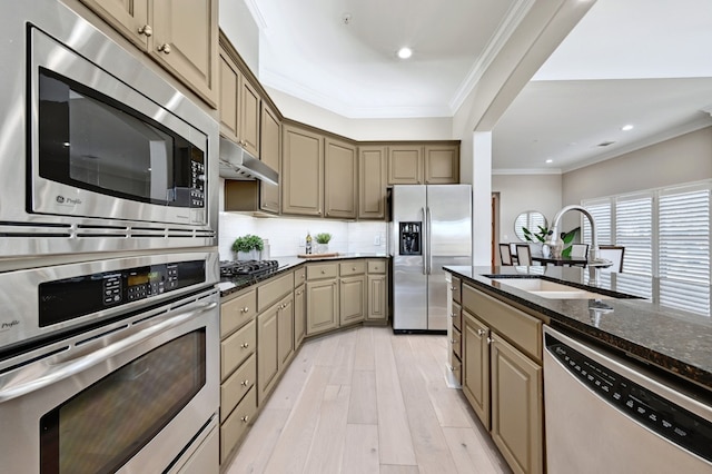 kitchen with under cabinet range hood, stainless steel appliances, a sink, backsplash, and crown molding