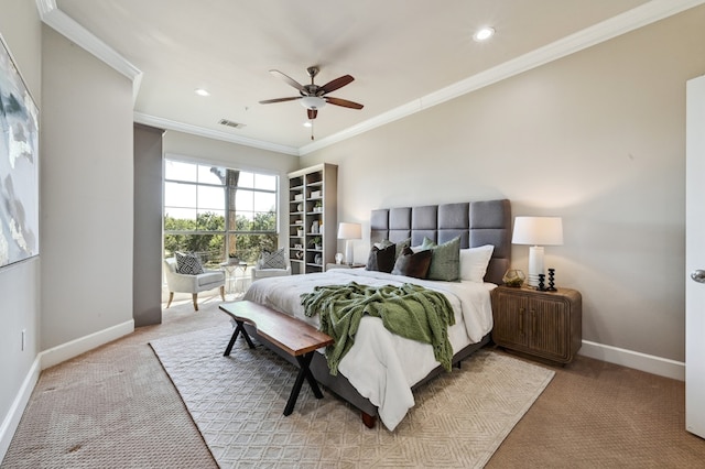 bedroom with light carpet, baseboards, and ornamental molding