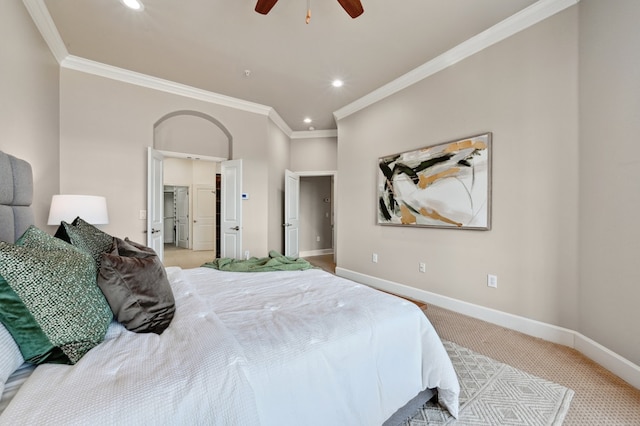 bedroom with recessed lighting, light carpet, a ceiling fan, baseboards, and crown molding