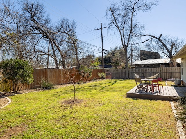 view of yard with a fenced backyard and a deck