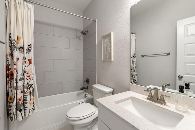 full bathroom featuring toilet, shower / tub combo with curtain, and vanity