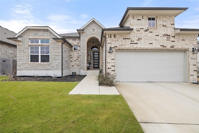 french provincial home with driveway, a garage, a front lawn, and brick siding