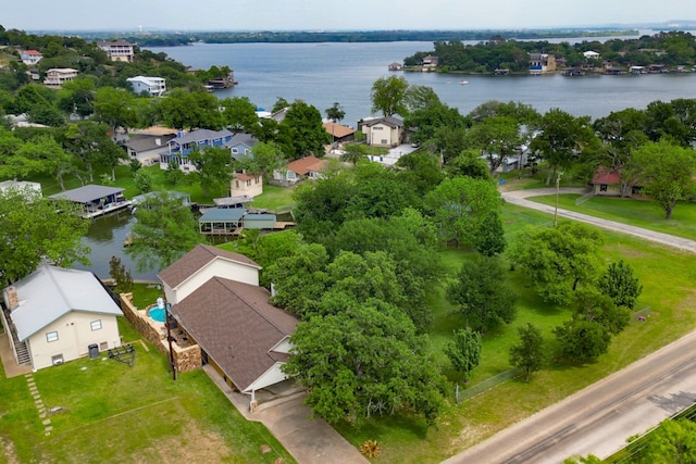 aerial view featuring a water view and a residential view