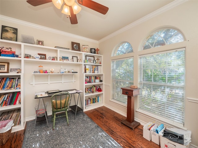 office featuring ornamental molding, plenty of natural light, and wood finished floors