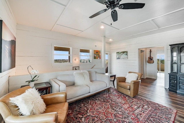 7875 W Fitzhugh Rd, Dripping Springs, TX 78620 - living room featuring wood finished floors, wood walls, a ceiling fan, and recessed lighting