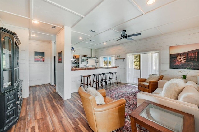 7875 W Fitzhugh Rd, Dripping Springs, TX 78620 - living room featuring wood finished floors, a ceiling fan, and wooden walls