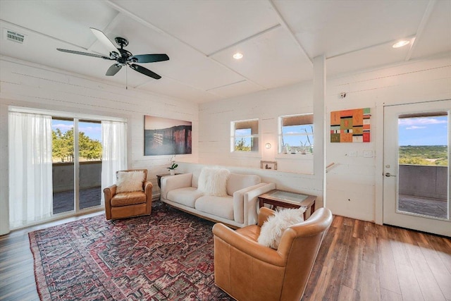 7875 W Fitzhugh Rd, Dripping Springs, TX 78620 - living area with hardwood / wood-style flooring, a ceiling fan, and recessed lighting