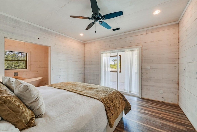 7875 W Fitzhugh Rd, Dripping Springs, TX 78620 - bedroom featuring wooden walls, wood finished floors, recessed lighting, access to exterior, and a ceiling fan