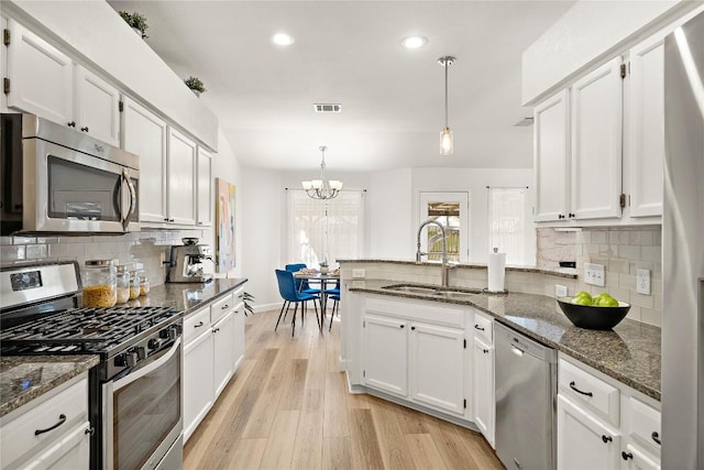 kitchen with stainless steel appliances, a peninsula, a sink, visible vents, and white cabinetry