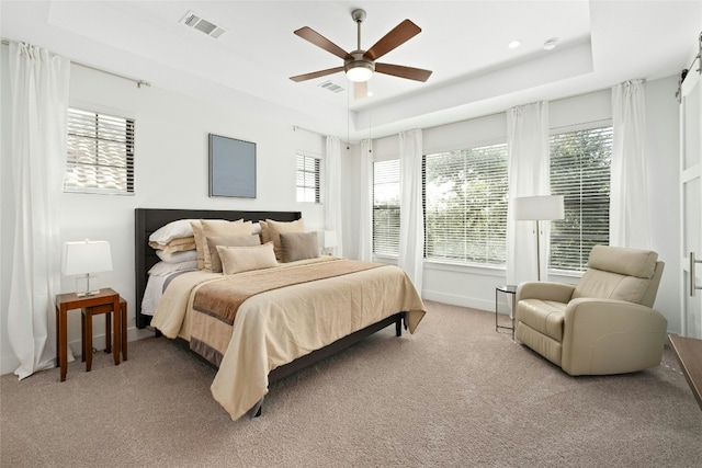 bedroom with carpet, visible vents, multiple windows, and a tray ceiling