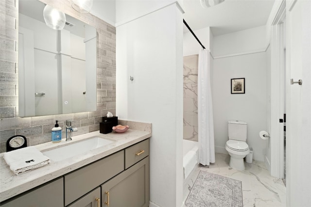 bathroom featuring decorative backsplash, toilet, marble finish floor, shower / bath combination with curtain, and vanity