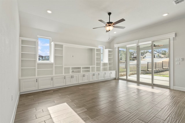 unfurnished room with visible vents, wood finished floors, baseboards, ceiling fan, and recessed lighting