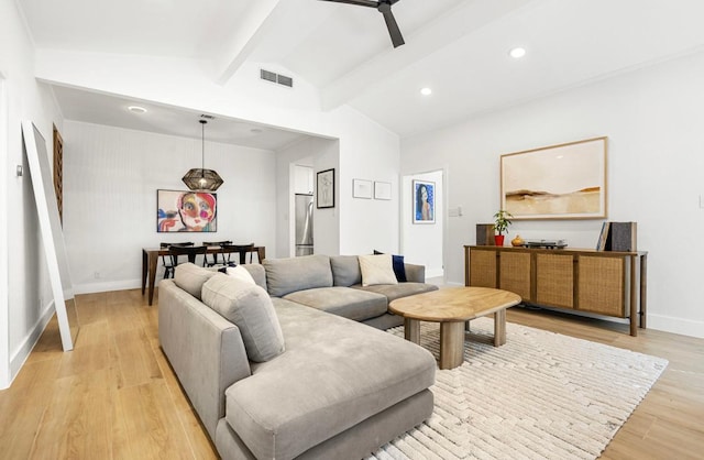 living room featuring vaulted ceiling with beams, recessed lighting, visible vents, baseboards, and light wood finished floors