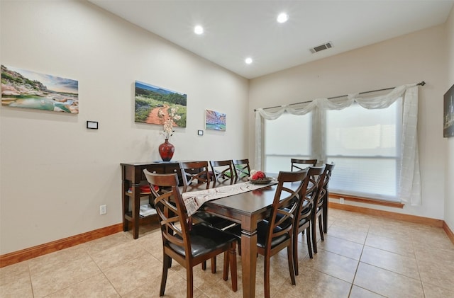 dining space featuring light tile patterned floors, recessed lighting, visible vents, and baseboards