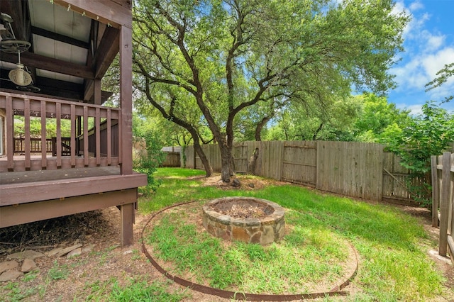 view of yard featuring an outdoor fire pit and a fenced backyard