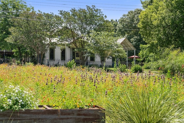 view of front of home featuring fence and a vegetable garden