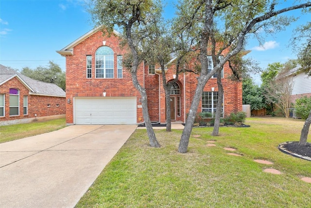 traditional-style house featuring driveway, brick siding, a front lawn, and an attached garage