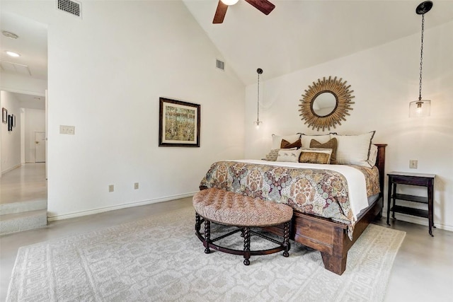 bedroom with high vaulted ceiling, visible vents, and finished concrete flooring