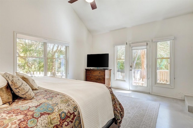 bedroom with ceiling fan, access to outside, and high vaulted ceiling