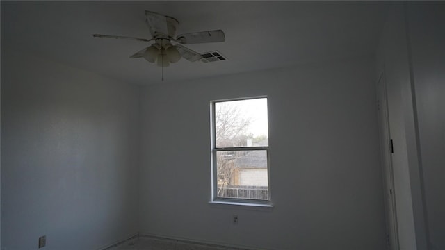 spare room featuring visible vents and a ceiling fan