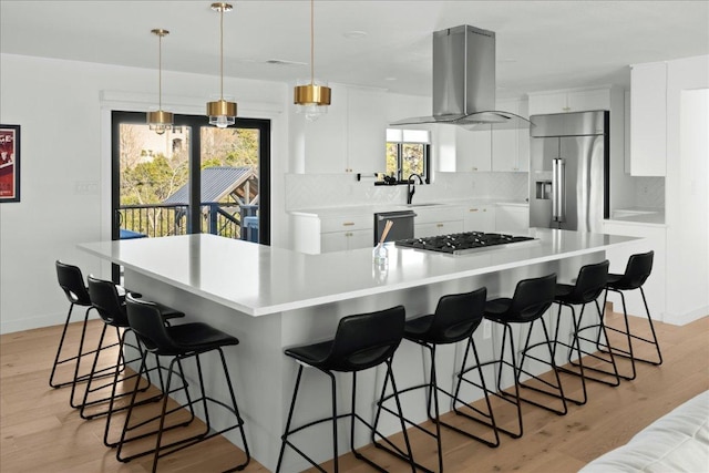 kitchen featuring island exhaust hood, light wood finished floors, tasteful backsplash, appliances with stainless steel finishes, and a sink