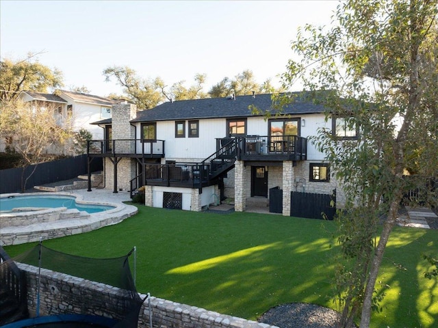 4200 Bluffridge Dr, Austin, TX 78759 - rear view of house featuring stairway, a wooden deck, stone siding, and a patio area