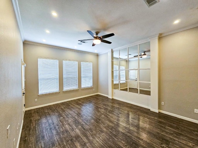 unfurnished room with crown molding, ceiling fan, wood finished floors, baseboards, and recessed lighting