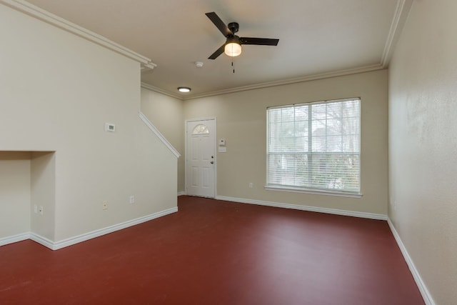 12249 Abbey Glen Ln Unit B, Austin, TX 78753 - unfurnished living room with ornamental molding, a ceiling fan, and baseboards